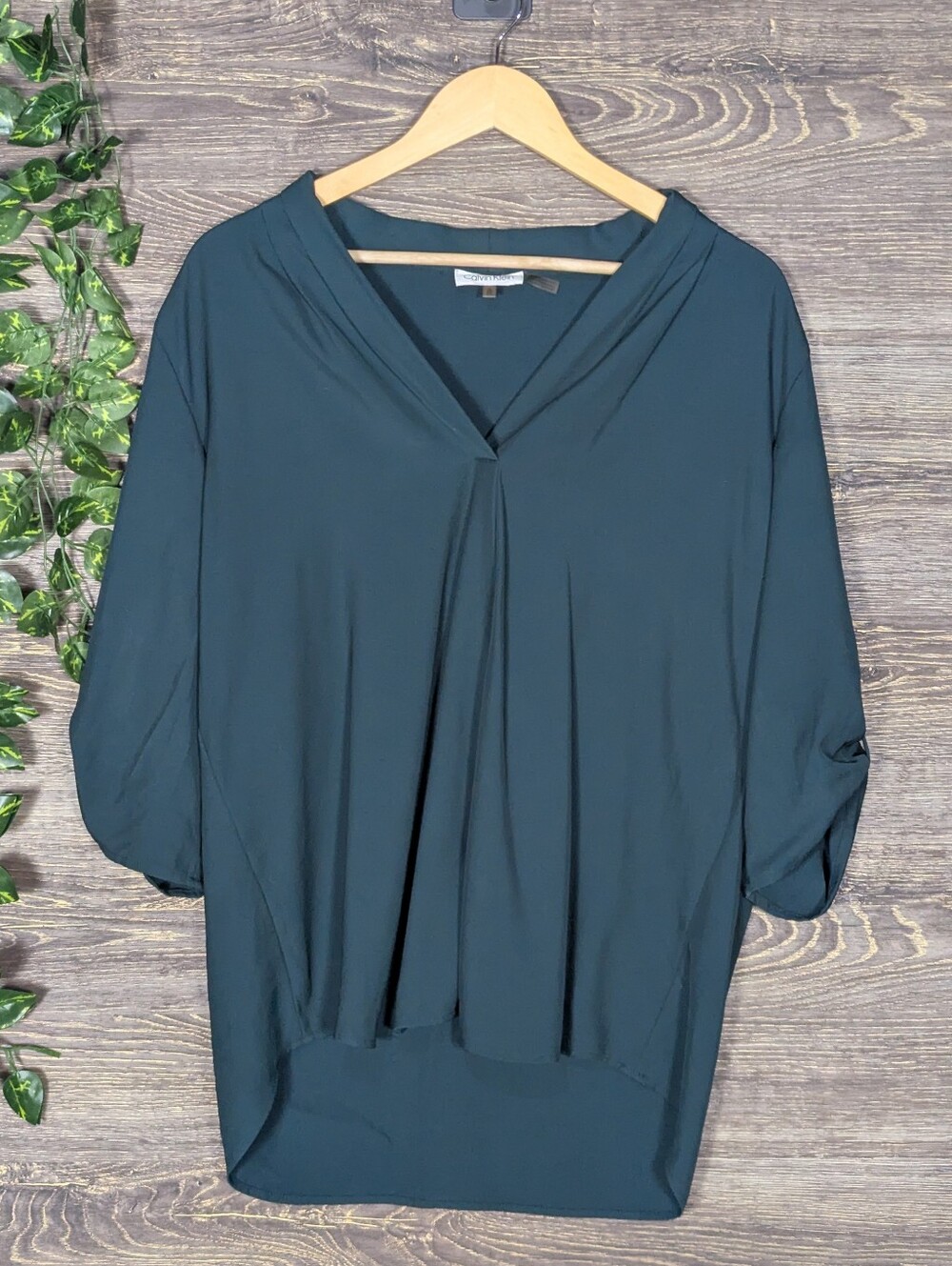 Calvin Klein Emerald Green V Neck Roll Tab Blouse XL
